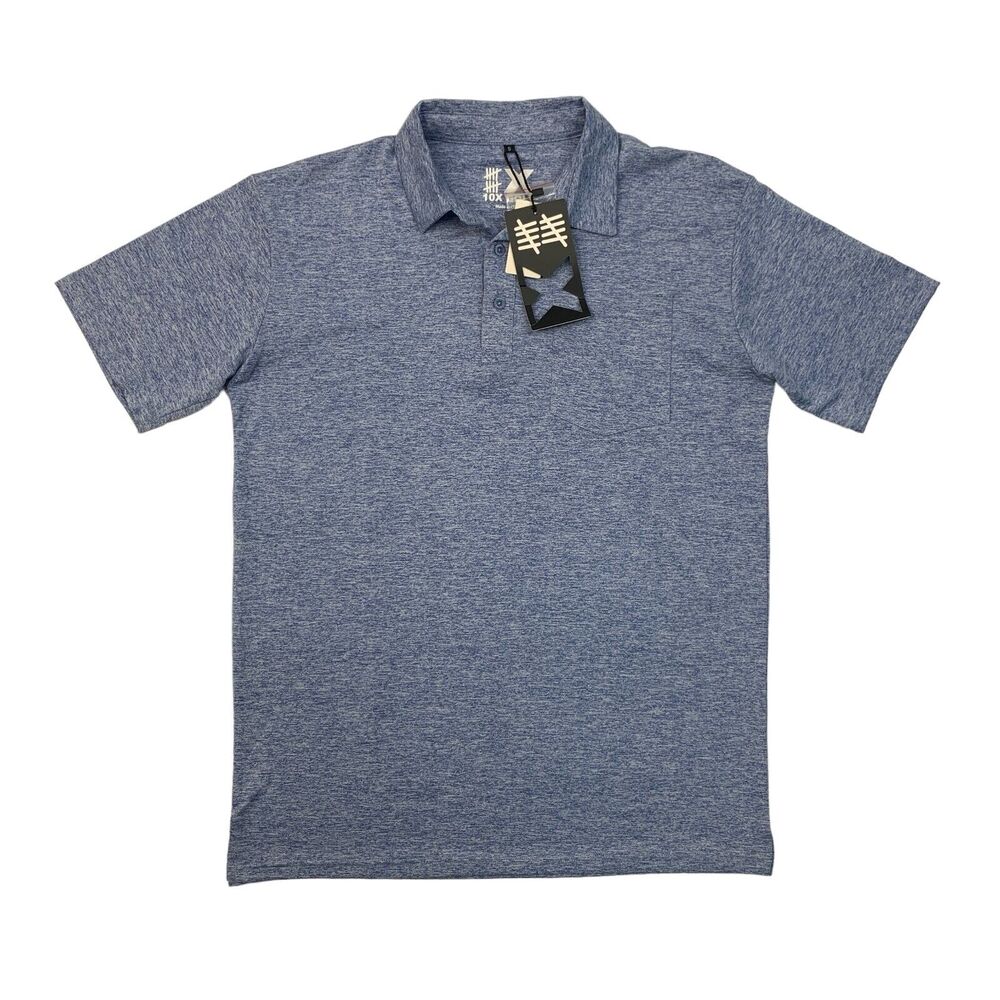 10X Sports Polo Shirt Mens S Small Shark Blue Golf Performance Chest Pocket New - Picture 1 of 10